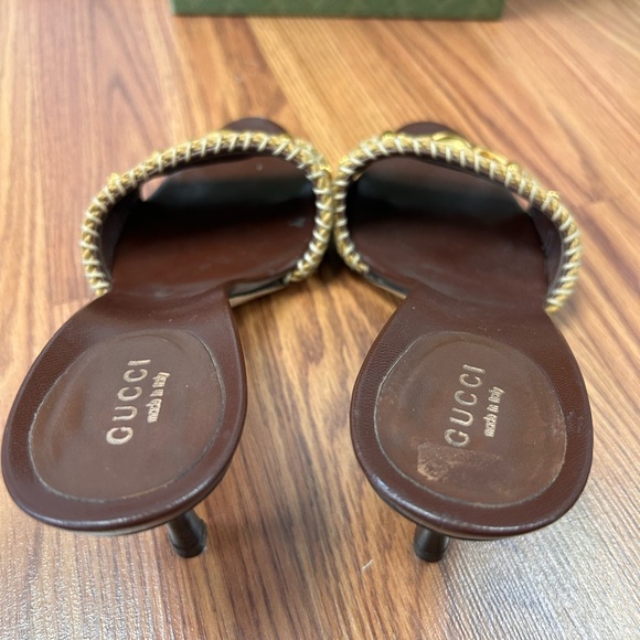 Gucci Brown Woven Jute Horsebit Heels Gold Chain Link Women’s Size 8.5B w/ box - Picture 9 of 11